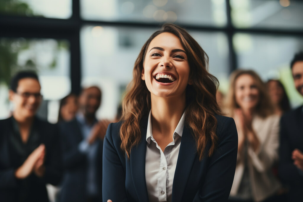 Mulher feliz sorrindo no trabalho